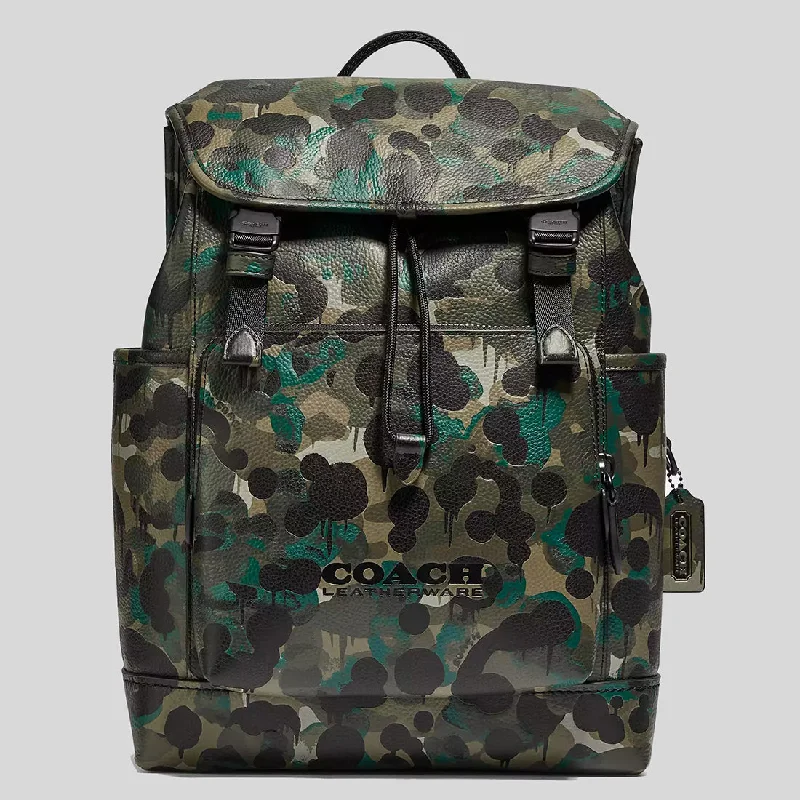 COACH League Flap Backpack With Camo Print Matte Black/Green RS-C5288