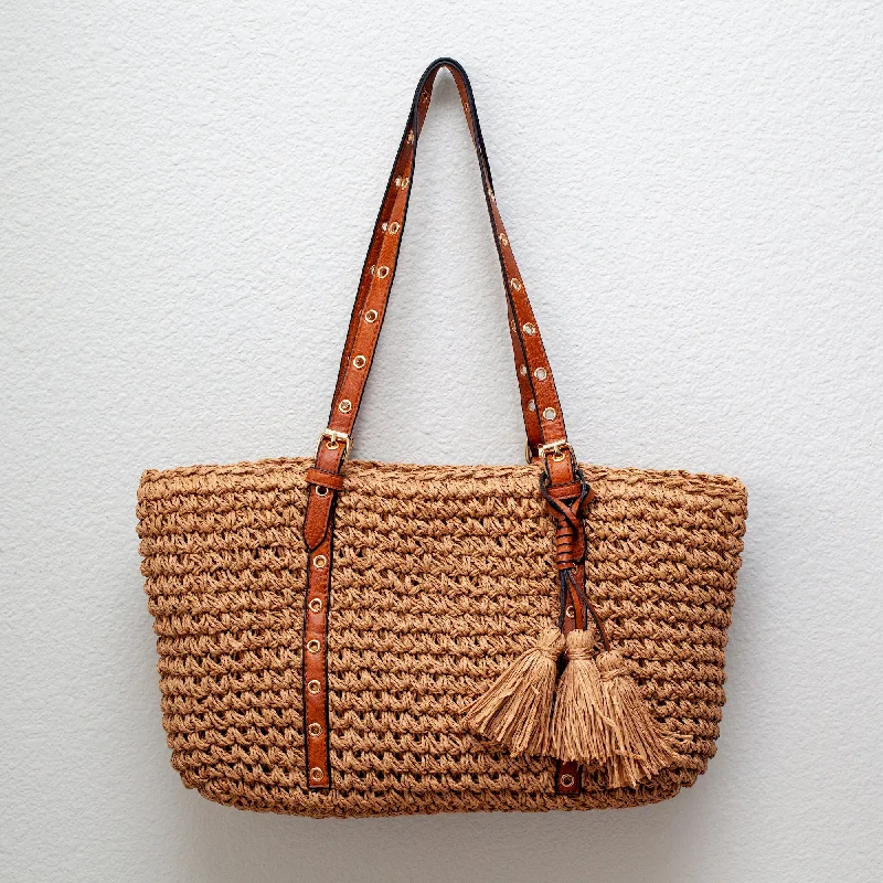 Elena Handbags Straw Woven Tote with Leather Straps