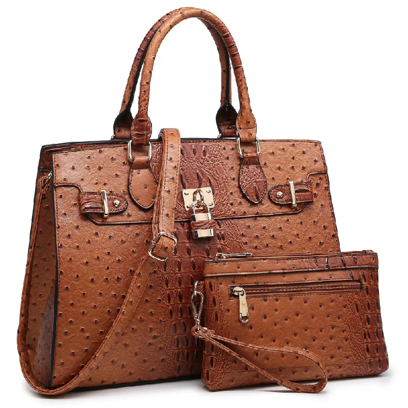 Dasein Ostrich Embossed Leather Brown Satchel with Wristlet (Women's)