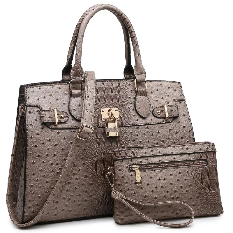 Dasein Ostrich Embossed Leather Khaki Satchel with Wristlet (Women's)