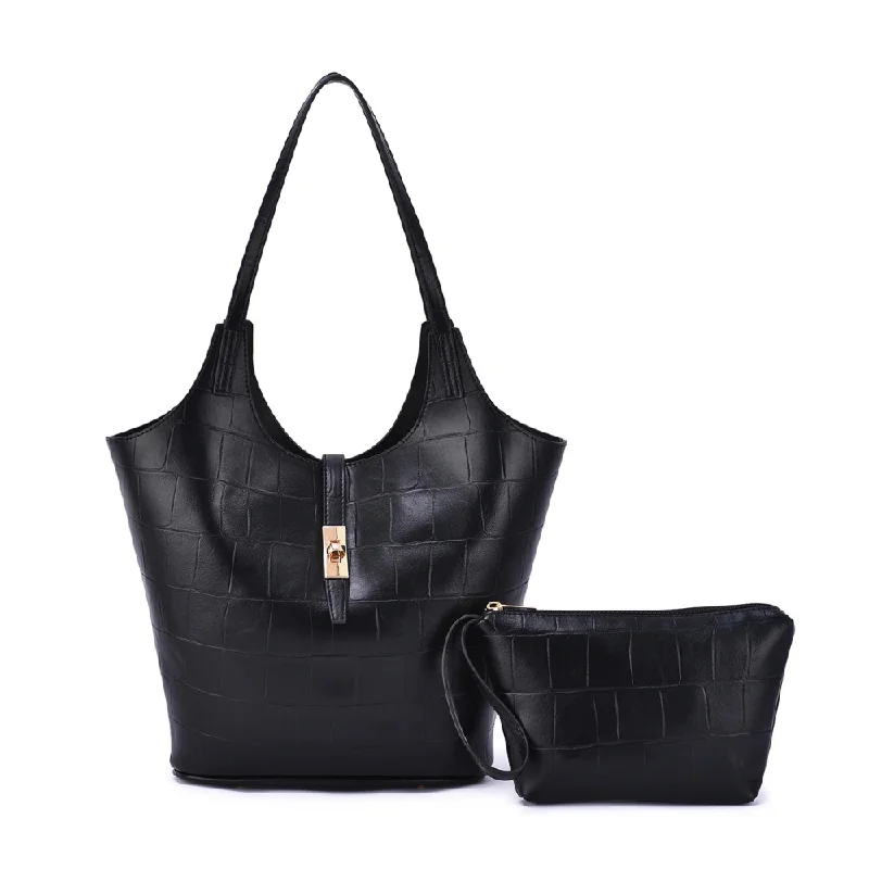 Mellow World Clio 2-in-1 Croc Embossed Black Tote Bag (Women's)