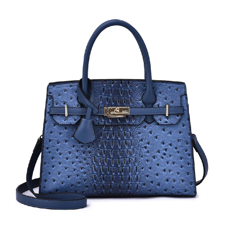 Mellow World Virginia Ostrich Embossed Navy Satchel Bag (Women's)