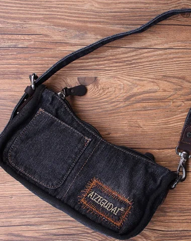 Vintage Womens Black Denim Baguette Bag Black Denim Shoulder Purse for Women