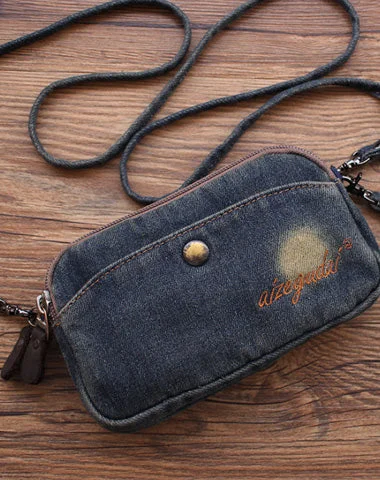 Vintage Womens Blue Denim Phone Shoulder Bag Denim Crossbody Purse for Women